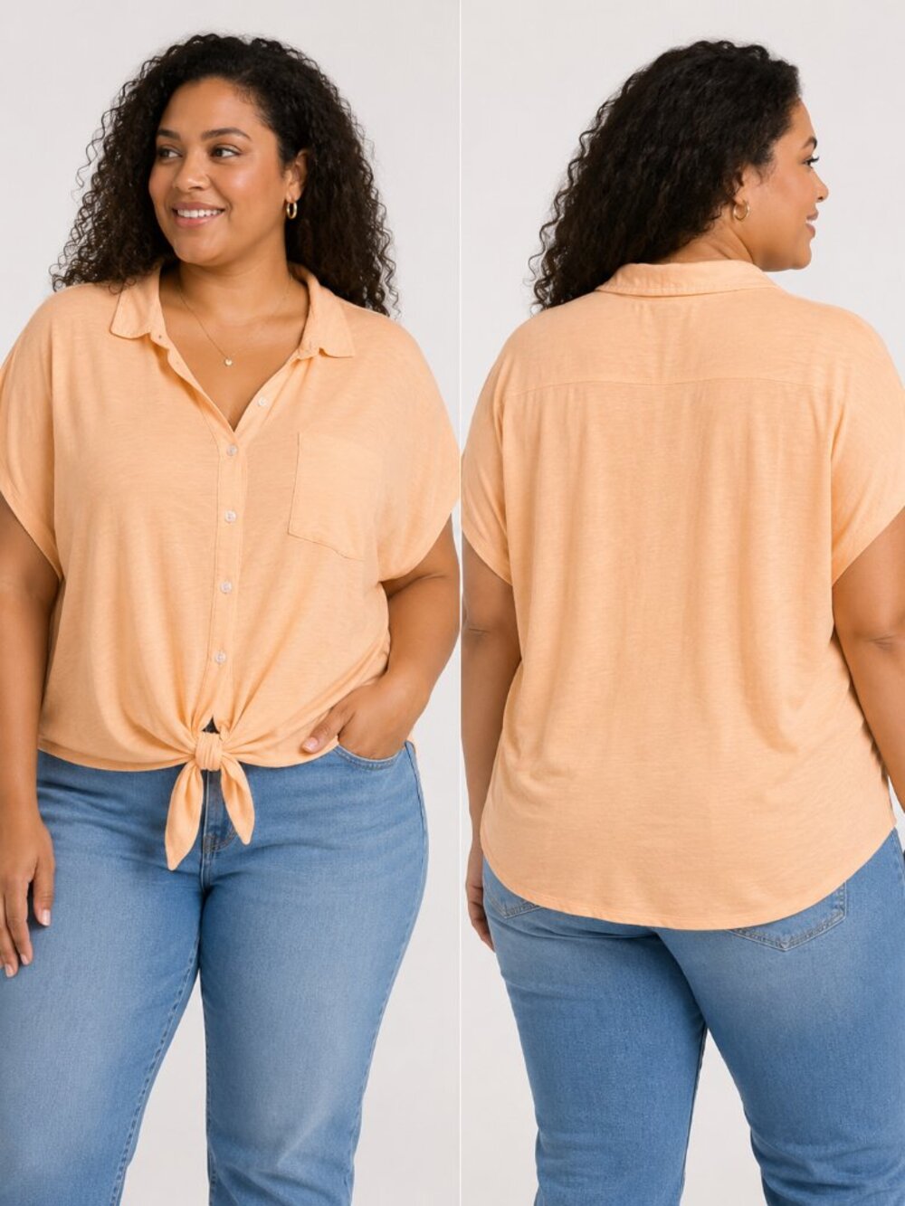 Buffalo David Bitton Women's Tie-Front Button-Up Blouse XL Soft Peach Short Slee